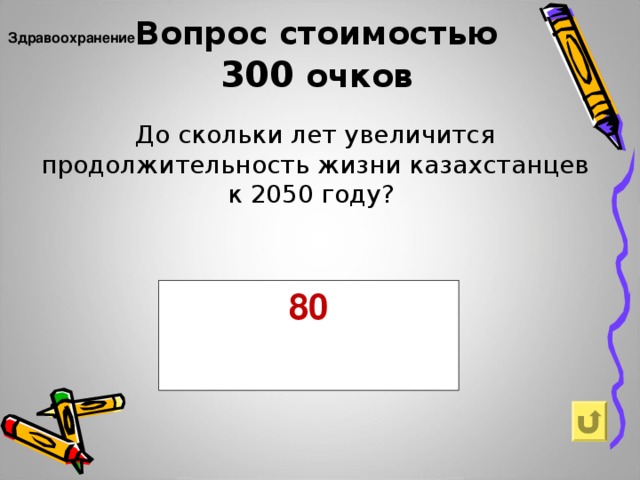 Вопрос  стоимостью   300  очков    Здравоохранение    До скольки лет увеличится продолжительность жизни казахстанцев к 2050 году? 80