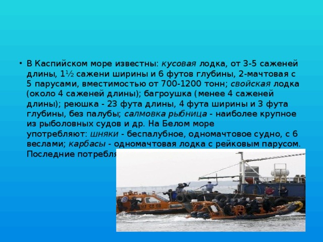 В Каспийском море известны:  кусовая  лодка, от 3-5 саженей длины, 1½ сажени ширины и 6 футов глубины, 2-мачтовая с 5 парусами, вместимостью от 700-1200 тонн;  свойская  лодка (около 4 саженей длины); багроушка (менее 4 саженей длины); реюшка - 23 фута длины, 4 фута ширины и 3 фута глубины, без палубы;  салмовка рыбница  - наиболее крупное из рыболовных судов и др. На Белом море употребляют:  шняки  - беспалубное, одномачтовое судно, с 6 веслами;  карбасы -  одномачтовая лодка с рейковым парусом. Последние потребляются для неводного лова.