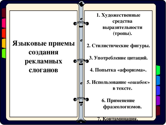 1. Художественные средства выразительности (тропы).  2. Стилистические фигуры.  3. Употребление цитаций.  4. Попытка «афоризма».  5. Использование « ошибок » в тексте.  6. Применение фразеологизмов.  7. Контаминация.  Языковые приемы создания рекламных слоганов