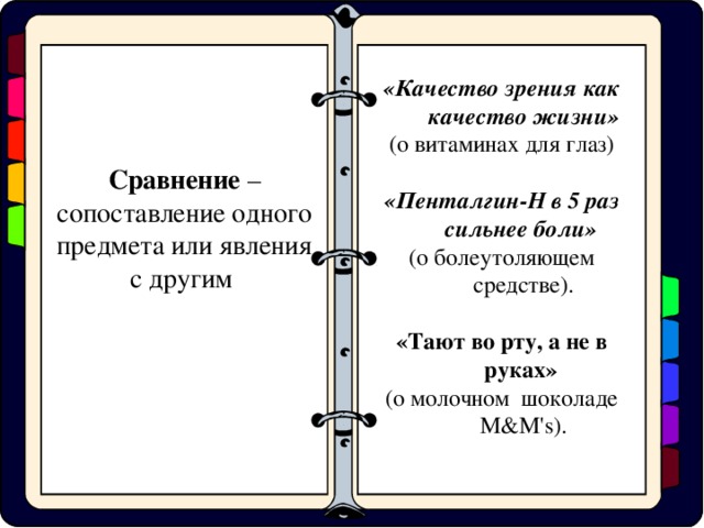 «Качество зрения как качество жизни»  (о витаминах для глаз)  «Пенталгин-Н в 5 раз сильнее боли» (о болеутоляющем средстве). «Тают во рту, а не в руках» (о молочном шоколаде M&M's). Сравнение – сопоставление одного предмета или явления с другим