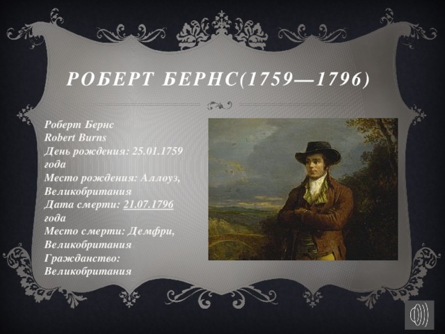 РОБЕРТ БЕРНС(1759—1796) Роберт Бернс Robert Burns День рождения: 25.01.1759 года  Место рождения: Аллоуз, Великобритания  Дата смерти:  21.07.1796 года  Место смерти: Демфри, Великобритания  Гражданство: Великобритания