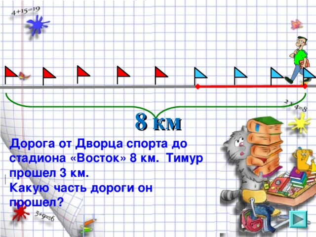 8 км Дорога от Дворца спорта до стадиона «Восток» 8 км. Тимур прошел 3 км. Какую часть дороги он прошел? Математика 5 класс. Н.Я.Виленкин. № 872.