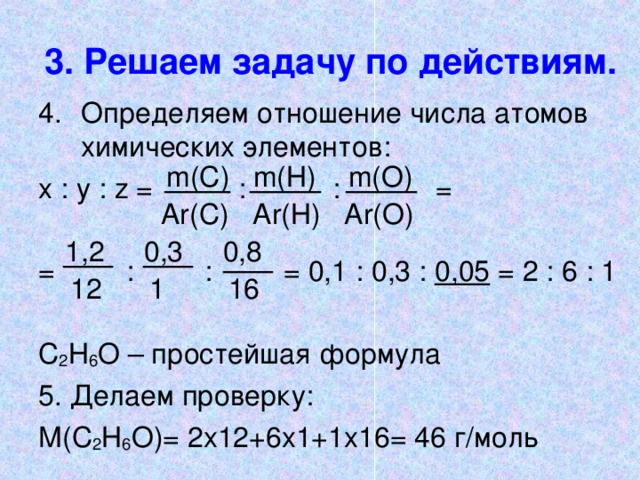 3. Решаем задачу по действиям. Определяем отношение числа атомов химических элементов: х : у : z =   : : = =   : : = 0,1 : 0,3 : 0,05 = 2 : 6 : 1 С 2 Н 6 О – простейшая формула 5. Делаем проверку: М(С 2 Н 6 О)= 2х12+6х1+1х16= 46 г/моль m( С) m( Н) m( О) А r( С) А r( Н)  А r( О) 1,2 0,3 0,8 12 1 16