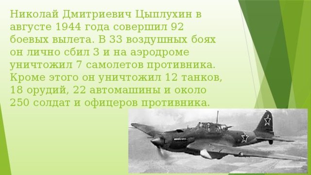 Николай Дмитриевич Цыплухин в августе 1944 года совершил 92 боевых вылета. В 33 воздушных боях он лично сбил 3 и на аэродроме уничтожил 7 самолетов противника. Кроме этого он уничтожил 12 танков, 18 орудий, 22 автомашины и около 250 солдат и офицеров противника.
