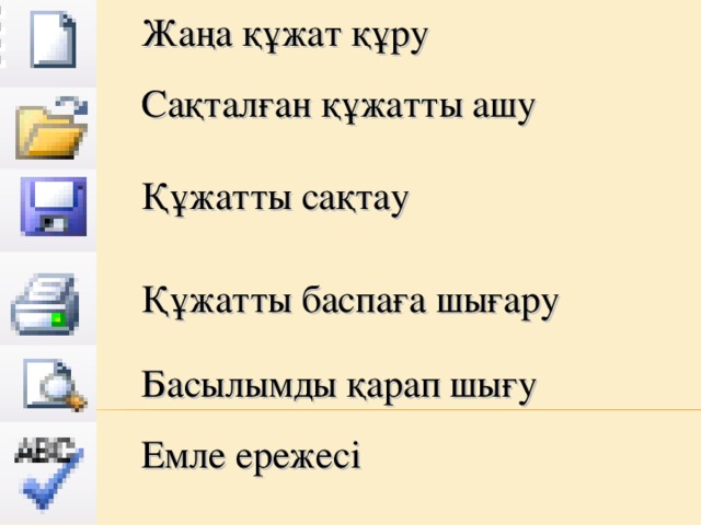 Жаңа құжат құру Сақталған құжатты ашу Құжатты сақтау Құжатты баспаға шығару Басылымды қарап шығу Емле ережесі