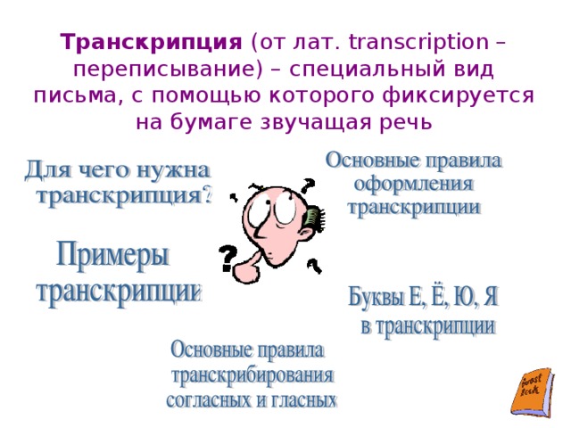 Транскрипция (от лат. transcription – переписывание) – специальный вид письма, с помощью которого фиксируется на бумаге звучащая речь
