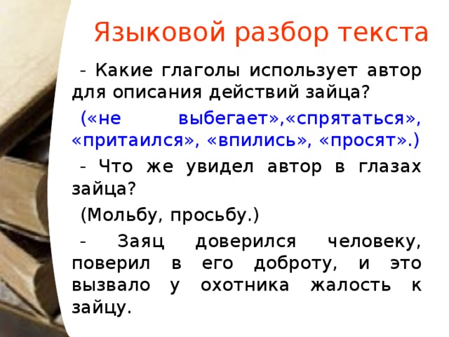 Языковой разбор текста - Какие глаголы использует автор для описания действий зайца? («не выбегает»,«спрятаться», «притаился», «впились», «просят».) - Что же увидел автор в глазах зайца? (Мольбу, просьбу.) - Заяц доверился человеку, поверил в его доброту, и это вызвало у охотника жалость к зайцу.