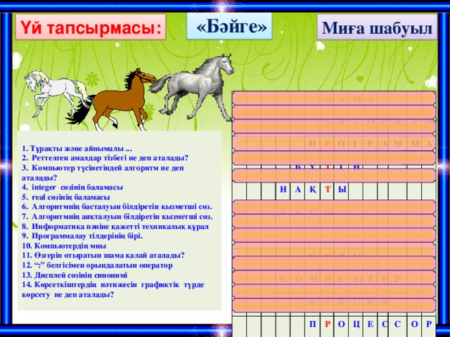 «Бәйге» Миға шабуыл Үй тапсырмасы: Ш П А А Н Б Б Л Ү М Р А А Т О А Г Қ І С О Т Г Ы Р Ы Н К Р И М А А С О Е М М Т О Й М Н Н М Б П Ң Ш П Ь А Ы Ы Е Ю Й Д М Р І И К О Т А С Л М Т Ц А Е И Е Г Р Е К О Ы С У Н Р С А И Т М О Р М О Р А 1. Тұрақты және айнымалы ... 2. Реттелген амалдар тізбегі не деп аталады? 3. Компьютер түсінетіндей алгоритм не деп аталады? 4. integer сөзінің баламасы 5. real сөзінің баламасы 6. Алгоритмнің басталуын білдіретін қызметші сөз. 7. Алгоритмнің аяқталуын білдіретін қызметші сөз. 8. Информатика пәніне қажетті техникалық құрал 9. Программалау тілдерінің бірі. 10. Компьютердің миы 11. Өзгеріп отыратын шама қалай аталады? 12. “:” белгісімен орындалатын оператор 13. Дисплей сөзінің синонимі 14. Көрсеткіштердің нәтижесін графиктік түрде көрсету не деп аталады?