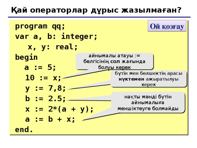 Қай операторлар дұрыс жазылмаған?  program qq;  var a, b: integer;    x, y: real;  begin   a := 5;  10 := x;  y := 7,8;  b := 2.5;  x := 2*(a + y);  a := b + x;  end. Ой қозғау айнымалы атауы := белгісінің сол жағында болуы керек бүтін мен бөлшектің арасы нүктемен ажыратылуы керек нақты мәнді бүтін айнымалыға меншіктеуге болмайды