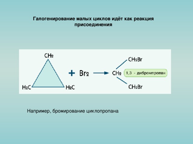 Галогенирование малых циклов идёт как реакция присоединения