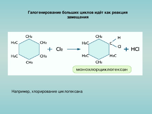 Галогенирование больших циклов идёт как реакция замещения