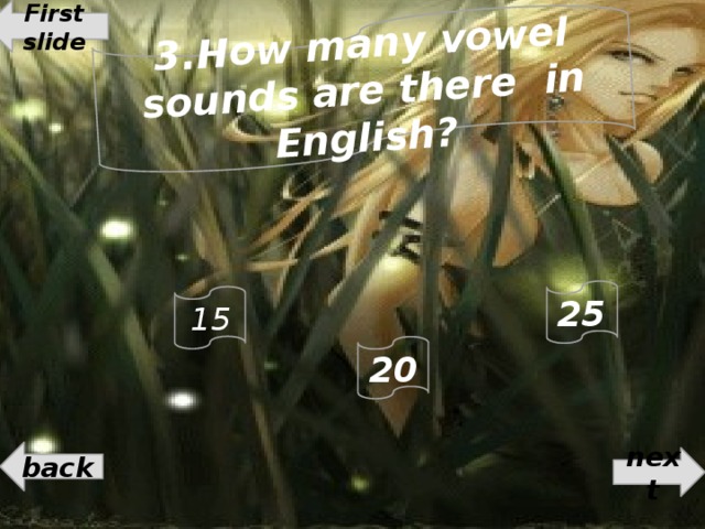 First slide 3.How many vowel sounds are there in English? 25 15 20 back next