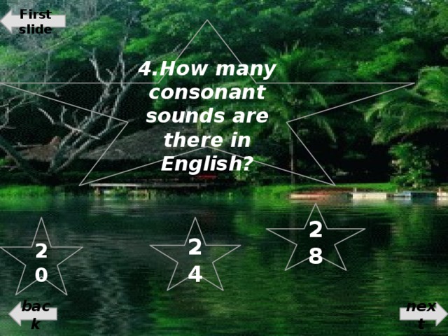 First slide 4.How many consonant sounds are there in English? 28 24 20 back next