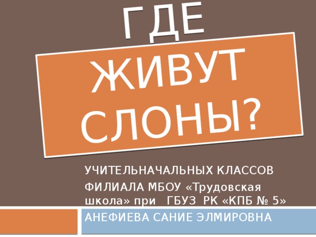 Где живут слоны? УЧИТЕЛЬНАЧАЛЬНЫХ КЛАССОВ ФИЛИАЛА МБОУ «Трудовская школа» при ГБУЗ РК «КПБ № 5» АНЕФИЕВА САНИЕ ЭЛМИРОВНА