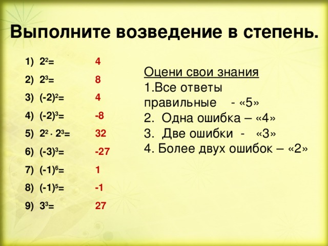Выполните возведение в степень. 4 1) 2 2 = 2) 2 3 = 8 4 3) (-2) 2 = 4) (-2) 3 = -8 5) 2 2 ∙ 2 3 = 32 6) (-3) 3 = -27 7) (-1) 6 = 1 8) (-1) 5 = -1 9) 3 3 = 27  Оцени свои знания Все ответы правильные - «5» 2. Одна ошибка – «4» 3. Две ошибки - «3» 4. Более двух ошибок – «2»