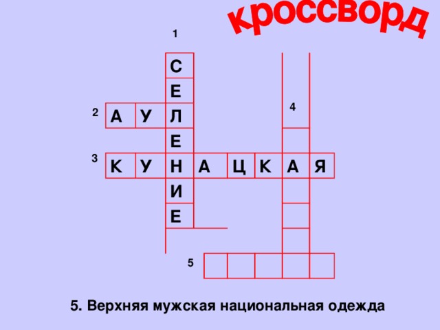 1 С А Е У Л К Е У Н И А Е Ц К А Я 4 2 3 5 5. Верхняя мужская национальная одежда