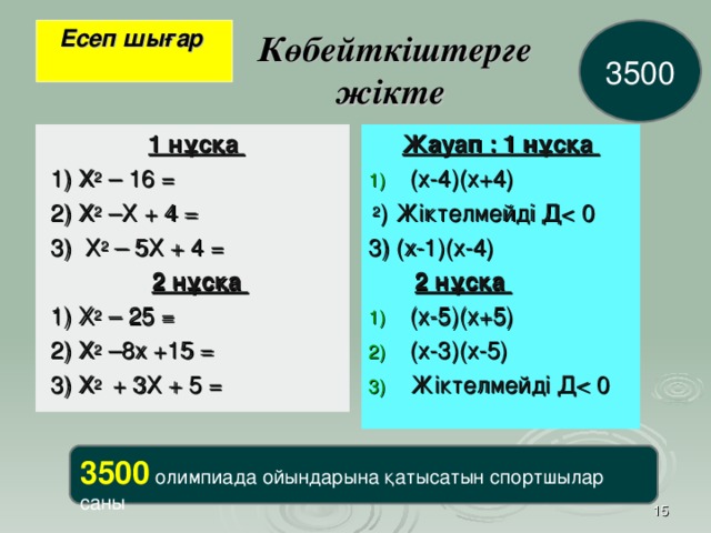 3500 Есеп шығар   Көбейткіштерге  жікте 1 нұсқа 1) Х 2 – 16 = 2) Х 2 –Х + 4 = 3) Х 2 – 5Х + 4 =  2 нұсқа 1) Х 2 – 25 = 2) Х 2 –8х +15 = 3) Х 2 + 3Х + 5 = Жауап : 1 нұсқа (х-4)(х+4)  2 ) Жіктелмейді Д3) (х-1)(х-4)  2 нұсқа (х-5)(х+5)  (х-3)(х-5) Жіктелмейді Д3500  олимпиада ойындарына қ атысатын спортшылар саны