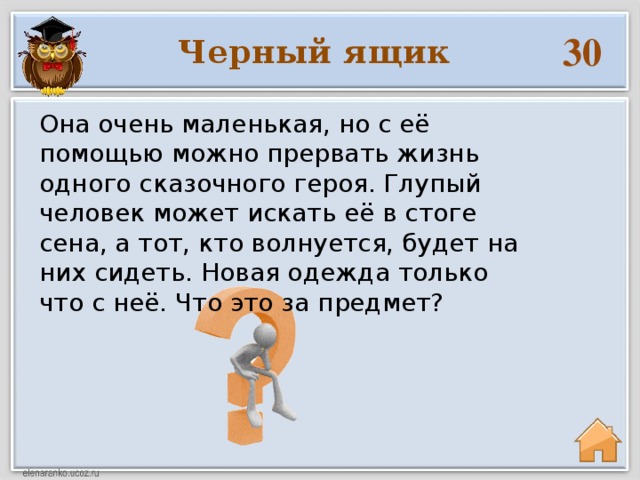 30 Черный ящик Она очень маленькая, но с её помощью можно прервать жизнь одного сказочного героя. Глупый человек может искать её в стоге сена, а тот, кто волнуется, будет на них сидеть. Новая одежда только что с неё. Что это за предмет?