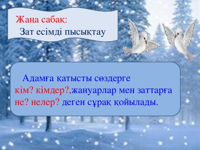 Жаңа сабақ Жаңа сабақ: Зат есімді пысықтау  Адамға қатысты сөздерге кім? кімдер?, жануарлар мен заттарға не? нелер? деген сұрақ қойылады.