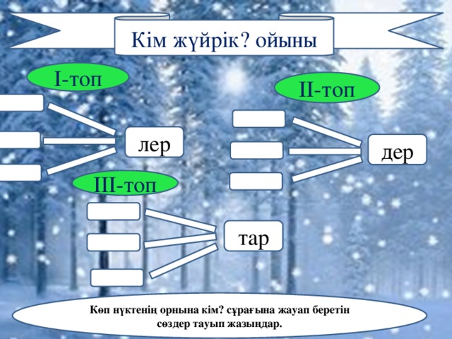 Кім жүйрік? ойыны I-топ II-топ лер дер III-топ тар Көп нүктенің орнына кім? сұрағына жауап беретін сөздер тауып жазыңдар.