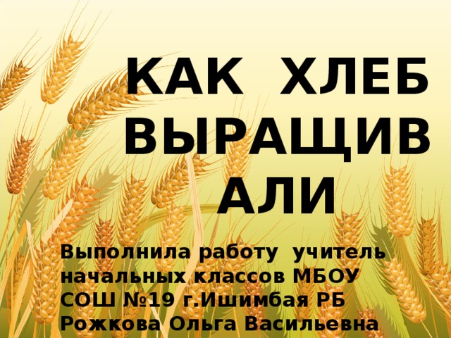 Как хлеб  выращивали Выполнила работу учитель начальных классов МБОУ СОШ №19 г.Ишимбая РБ  Рожкова Ольга Васильевна