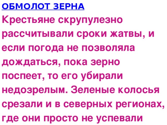 ОБМОЛОТ ЗЕРНА Крестьяне скрупулезно рассчитывали сроки жатвы, и если погода не позволяла дождаться, пока зерно поспеет, то его убирали недозрелым. Зеленые колосья срезали и в северных регионах, где они просто не успевали созревать.