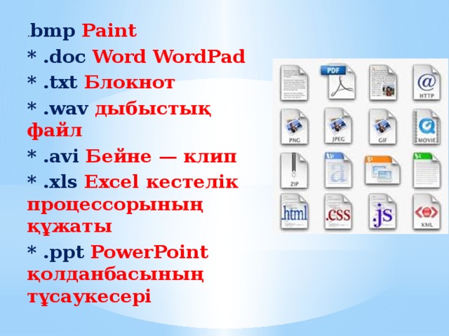 . bmp Paint * .doc Word WordPad * .txt Блокнот * .wav дыбыстық файл * .avi Бейне — клип * .xls Excel кестелік процессорының құжаты * .ppt PowerPoint қолданбасының тұсаукесері