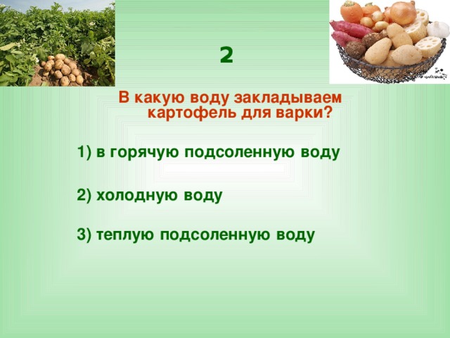 2 В какую воду закладываем картофель для варки?  1) в горячую подсоленную воду  2) холодную воду  3) теплую подсоленную воду