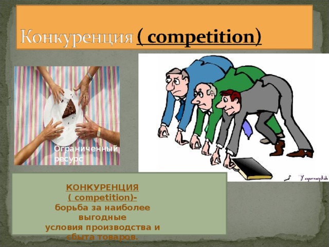 Ограниченный ресурс КОНКУРЕНЦИЯ ( competition) - борьба за наиболее выгодные условия производства и сбыта товаров.