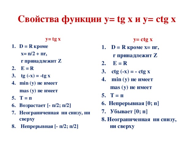 Свойства функции y= tg x и y= ctg x y= tg x y= ctg х D = R кроме  D = R кроме х= пr,  х= п/2 + пr,  r принадлежит Z  r принадлежит Z 2. Е = R 2. Е = R 3. ctg (-x) = - ctg x 4. min (y) не имеет 3. tg (-x) = -tg x  mas (y) не имеет 4. min (y) не имеет 5. Т = п  mas (y) не имеет 6. Непрерывная [0; п] 5. Т = п 7. Убывает [0; п] Возрастает [- п/2; п/2] Неограниченная ни снизу, ни сверху  Непрерывная [- п/2; п/2] 8. Неограниченная ни снизу, ни сверху