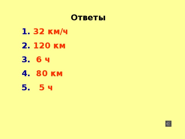 Ответы  32 км/ч  120 км  6 ч  80 км  5 ч Проверка 13