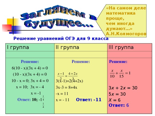 «На самом деле математика проще, чем иногда думают…» А.Н.Колмогоров Решение уравнений ОГЭ для 9 класса I группа II группа III группа Решение: 6(10 - х)(3х + 4) = 0 (10 - х)(3х + 4) = 0 10 - х = 0; 3х + 4 = 0 х = 10; 3х = - 4  х = -1 Ответ: 10; -1 Решение: 3(х-1)=2(4+2х) 3х-3 = 8+4х -х = 11 х = - 11 Ответ: -11 Решение: 3 х + 2 х = 30 5 х = 30 Х = 6 Ответ: 6