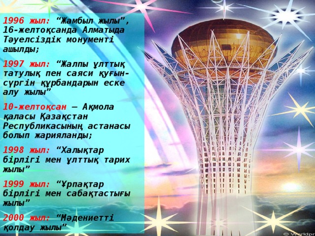 1996 жыл:  “Жамбыл жылы”, 16-желтоқсанда Алматыда Тәуелсіздік монументі ашылды; 1997 жыл:  “Жалпы ұлттық татулық пен саяси қуғын-сүргін құрбандарын еске алу жылы” 10-желтоқсан  – Ақмола қаласы Қазақстан Республикасының астанасы болып жарияланды; 1998 жыл:  “Халықтар бірлігі мен ұлттық тарих жылы” 1999 жыл:  “Ұрпақтар бірлігі мен сабақтастығы жылы” 2000 жыл:  “Мәдениетті қолдау жылы”