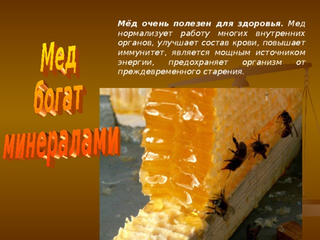 Мёд очень полезен для здоровья. Мед нормализует работу многих внутренних органов, улучшает состав крови, повышает иммунитет, является мощным источником энергии, предохраняет организм от преждевременного старения.