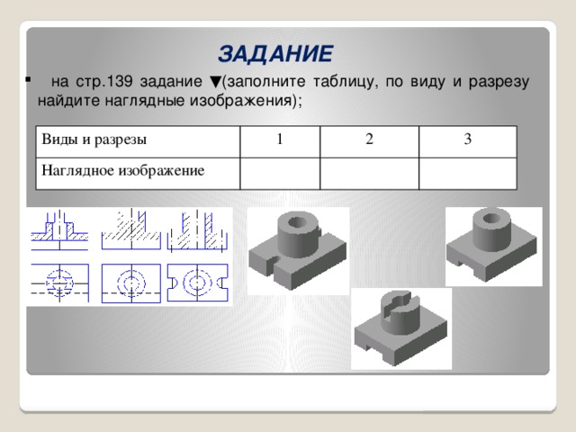 Задание  на стр.139 задание ▼(заполните таблицу, по виду и разрезу найдите наглядные изображения); Виды и разрезы 1 Наглядное изображение 2 3 2 3 А В Б