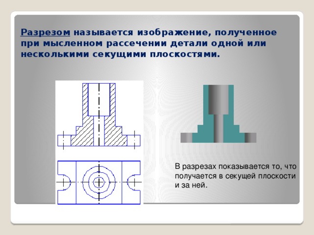 Разрезом называется изображение, полученное при мысленном рассечении детали одной или несколькими секущими плоскостями. В разрезах показывается то, что получается в секущей плоскости и за ней.