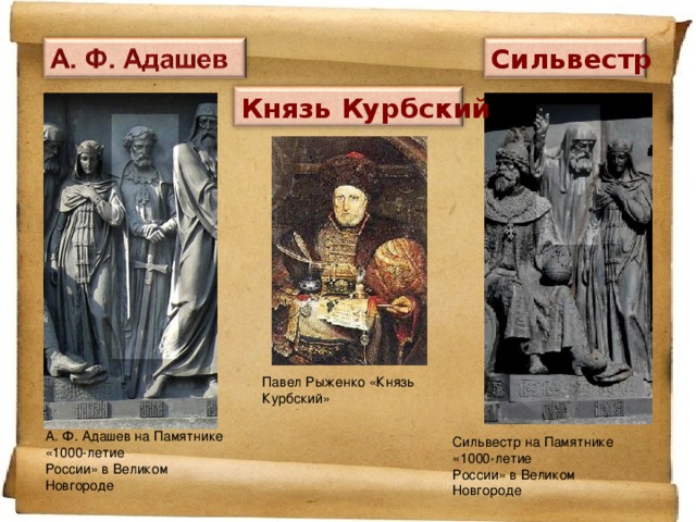 Сильвестр Князь Курбский Павел Рыженко «Князь Курбский» А. Ф. Адашев на Памятнике «1000-летие России» в Великом Новгороде Сильвестр на Памятнике «1000-летие России» в Великом Новгороде