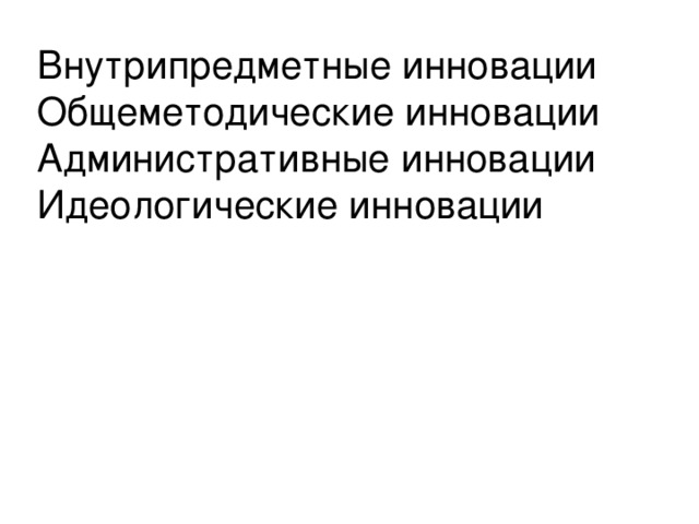 Внутрипредметные инновации Общеметодические инновации Административные инновации Идеологические инновации