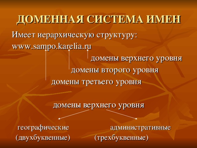 ДОМЕННАЯ СИСТЕМА ИМЕН Имеет иерархическую структуру: www.sampo.karelia.ru      домены верхнего уровня     домены второго уровня    домены третьего уровня домены верхнего уровня  географические    административные  (двухбуквенные)   (трехбуквенные)