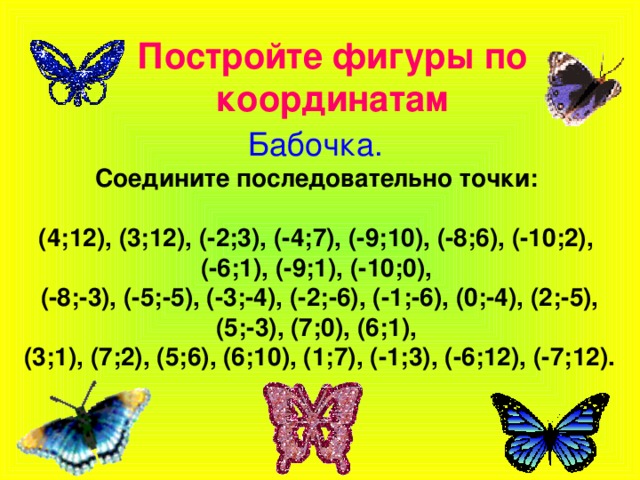 Постройте фигуры по координатам Бабочка.  Соедините последовательно точки:   (4;12), (3;12), (-2;3), (-4;7), (-9;10), (-8;6), (-10;2), (-6;1), (-9;1), (-10;0),   (-8;-3), (-5;-5), (-3;-4), (-2;-6), (-1;-6), (0;-4), (2;-5), (5;-3), (7;0), (6;1),   (3;1), (7;2), (5;6), (6;10), (1;7), (-1;3), (-6;12), (-7;12).