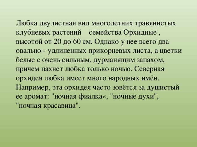 Любка двулистная вид многолетних травянистых клубневых растений семейства Орхидные , высотой от 20 до 60 см. Однако у нее всего два овально - удлиненных прикорневых листа, а цветки белые с очень сильным, дурманящим запахом, причем пахнет любка только ночью. Северная орхидея любка имеет много народных имён. Например, эта орхидея часто зовётся за душистый ее аромат: 