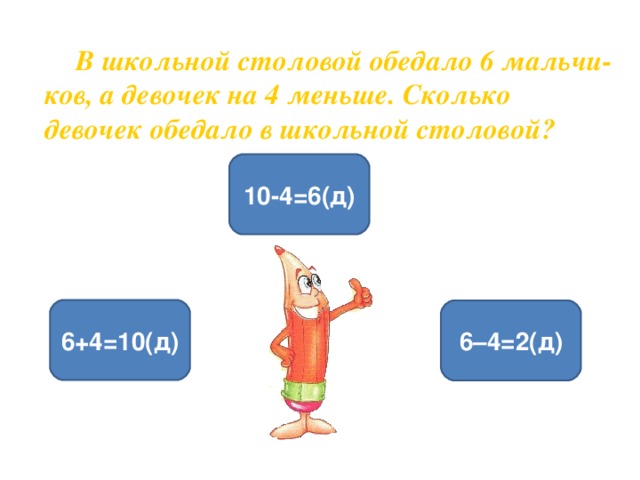 В школьной столовой обедало 6 мальчи-ков, а девочек на 4 меньше. Сколько девочек обедало в школьной столовой? 10-4=6(д) 6+4=10(д) 6–4=2(д)
