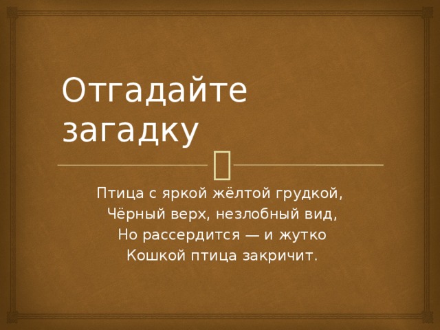 Отгадайте загадку Птица с яркой жёлтой грудкой,  Чёрный верх, незлобный вид,  Но рассердится — и жутко  Кошкой птица закричит.