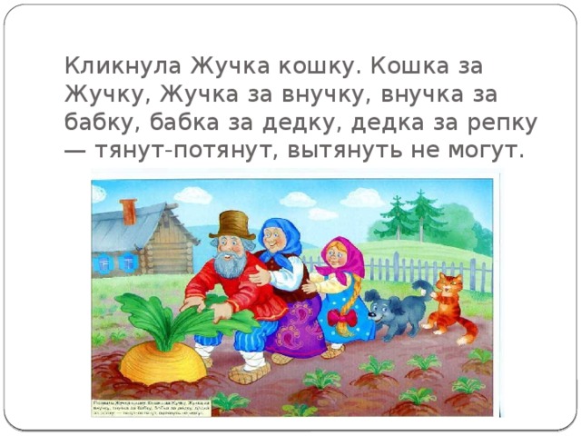 Кликнула Жучка кошку. Кошка за Жучку, Жучка за внучку, внучка за бабку, бабка за дедку, дедка за репку — тянут-потянут, вытянуть не могут.