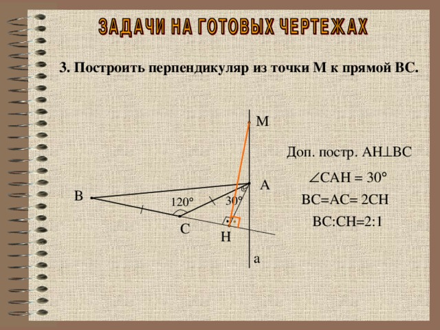 3. Построить перпендикуляр из точки M к прямой BC. M Доп. постр. AH  BC  CAH = 30  A B BC=AC= 2CH 30  120  BC :CH=2:1 C H a