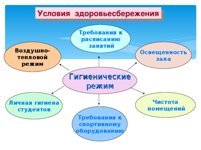 Условия здоровьесбережения Требования к расписанию  занятий Воздушно- тепловой режим Освещенность зала Гигиенические режим Личная гигиена студентов Чистота  помещений Требования к спортивному оборудованию