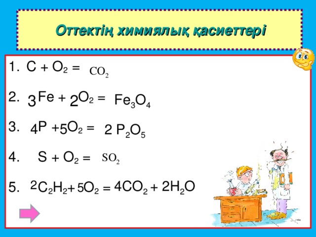 Оттектің химиялық қасиеттері C + О 2  =   Fe + О 2  =  P + О 2  =  S + О 2  =  C 2 H 2 +   О 2  = CO 2 2 Fe 3 O 4 3 4 5 2 P 2 O 5 SO 2 4 CO 2 + 2 H 2 O 2 5
