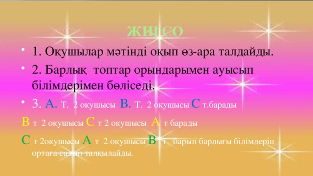 ЖИГСО 1. Оқушылар мәтінді оқып өз-ара талдайды. 2. Барлық топтар орындарымен ауысып білімдерімен бөліседі. 3. А.  Т. 2 оқушысы В.  Т. 2 оқушысы С т.барады В  т 2 оқушысы С т 2 оқушысы А т барады С  т 2оқушысы А  т 2 оқушысы В т   барып барлығы білімдерін ортаға салып талқылайды.