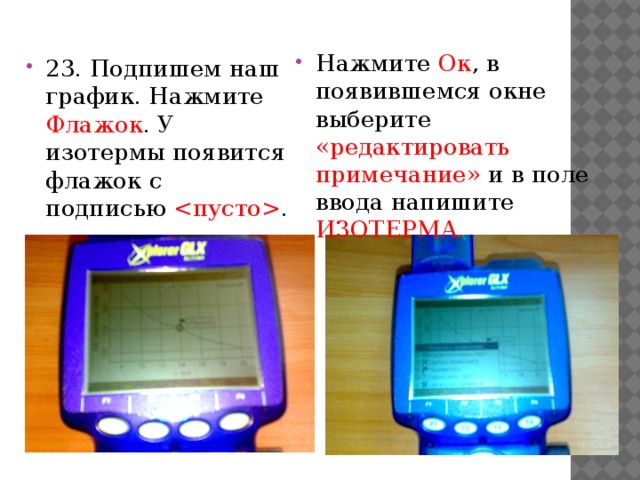 Нажмите Ок , в появившемся окне выберите «редактировать примечание» и в поле ввода напишите ИЗОТЕРМА. 23. Подпишем наш график. Нажмите Флажок . У изотермы появится флажок с подписью  .