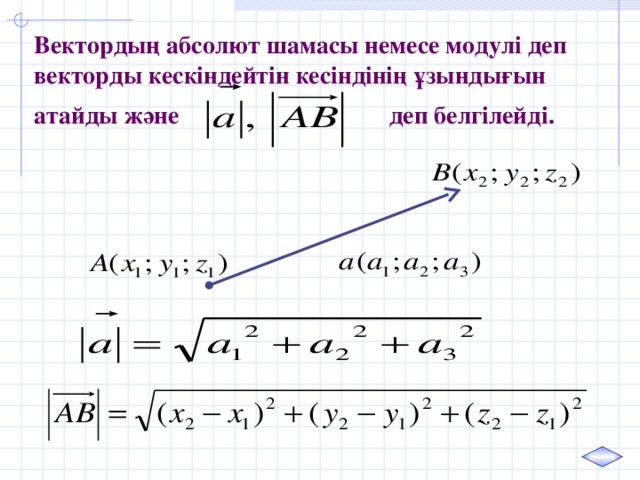 Вектордың абсолют шамасы немесе модулі деп векторды кескіндейтін кесіндінің ұзындығын атайды және деп белгілейді.